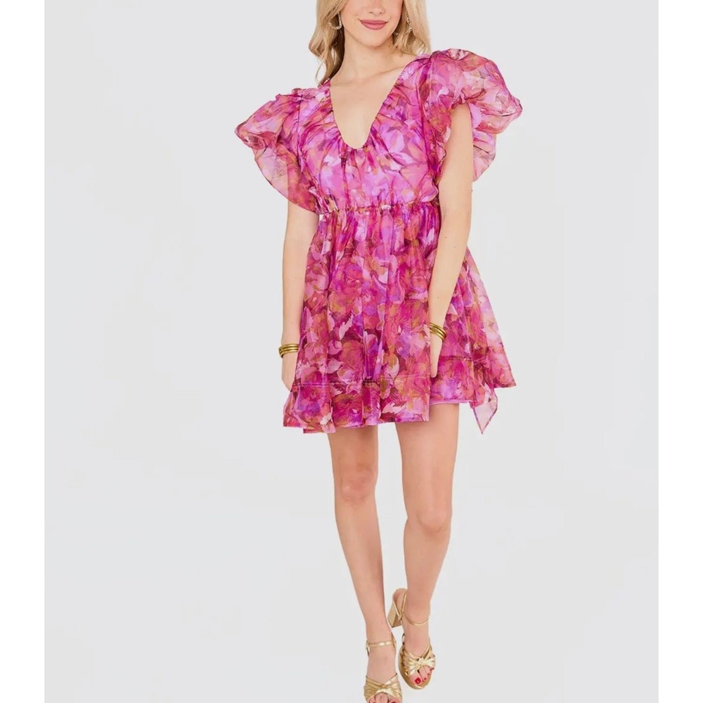 Buddy Love Pink Floral Organza Mini Dress Flutter Sleeve V-Neck Babydoll S-XL